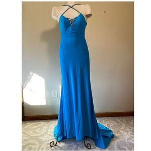 Xcite Blue open back dress with train